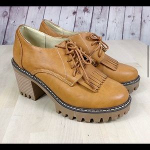 Chunky Platform Brown Oxford Lace Up Heels Y2K